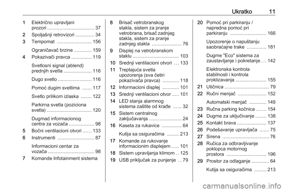 OPEL CROSSLAND X 2019  Uputstvo za upotrebu (in Serbian) Ukratko111Električno upravljani
prozori ................................... 37
2 Spoljašnji retrovizori ..............34
3 Tempomat  .......................... 156
Ograničavač brzine .............