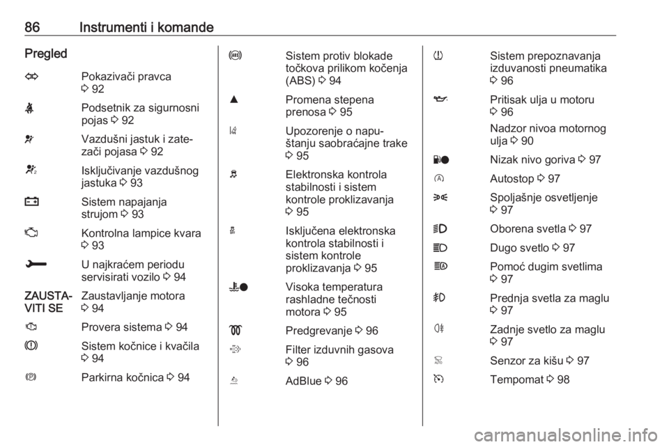 OPEL CROSSLAND X 2019  Uputstvo za upotrebu (in Serbian) 86Instrumenti i komandePregledOPokazivači pravca
3  92XPodsetnik za sigurnosni
pojas  3 92vVazdušni jastuk i zate‐
zači pojasa  3 92VIsključivanje vazdušnog
jastuka  3 93pSistem napajanja
struj