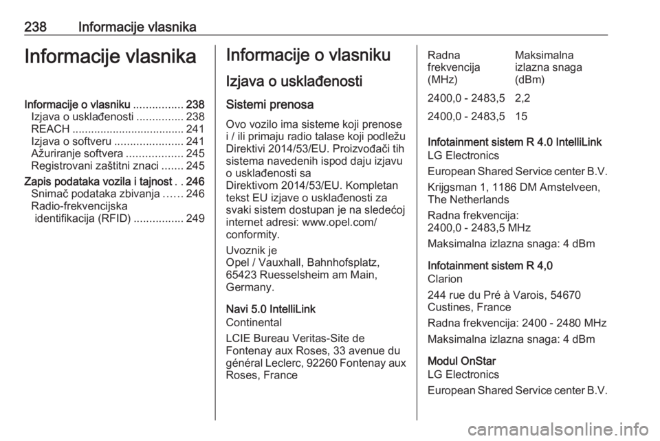 OPEL CROSSLAND X 2019.75  Uputstvo za upotrebu (in Serbian) 238Informacije vlasnikaInformacije vlasnikaInformacije o vlasniku................238
Izjava o usklađenosti ...............238
REACH .................................... 241
Izjava o softveru ........
