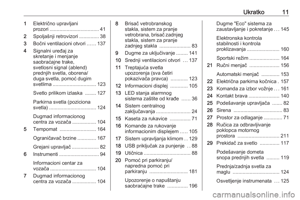 OPEL GRANDLAND X 2018  Uputstvo za upotrebu (in Serbian) Ukratko111Električno upravljani
prozori ................................... 41
2 Spoljašnji retrovizori ..............38
3 Bočni ventilacioni otvori ......137
4 Signalni uređaj za
skretanje i menj