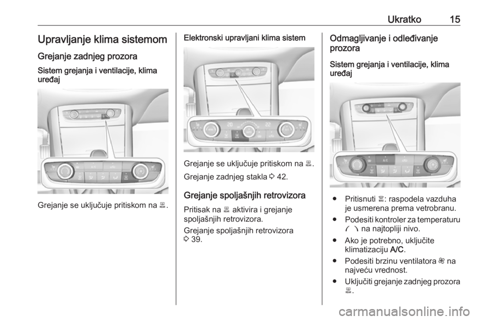 OPEL GRANDLAND X 2018  Uputstvo za upotrebu (in Serbian) Ukratko15Upravljanje klima sistemom
Grejanje zadnjeg prozoraSistem grejanja i ventilacije, klima
uređaj
Grejanje se uključuje pritiskom na  b.
Elektronski upravljani klima sistem
Grejanje se uključ