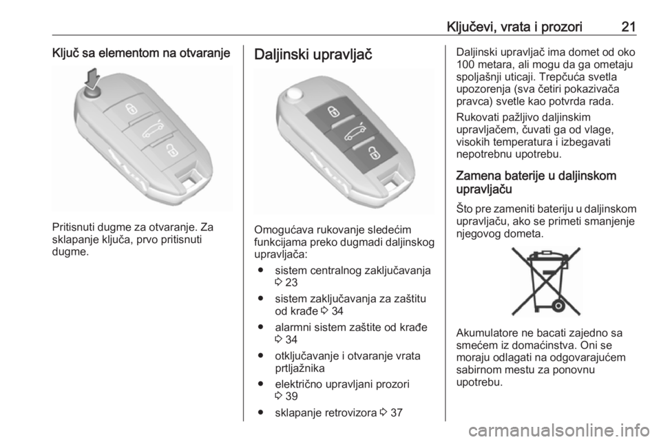 OPEL GRANDLAND X 2018.5  Uputstvo za upotrebu (in Serbian) Ključevi, vrata i prozori21Ključ sa elementom na otvaranje
Pritisnuti dugme za otvaranje. Za
sklapanje ključa, prvo pritisnuti
dugme.
Daljinski upravljač
Omogućava rukovanje sledećim
funkcijama 