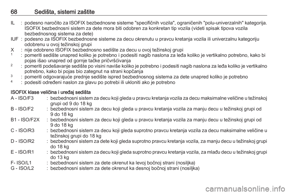 OPEL GRANDLAND X 2018.5  Uputstvo za upotrebu (in Serbian) 68Sedišta, sistemi zaštiteIL:podesno naročito za ISOFIX bezbednosne sisteme "specifičnih vozila", ograničenih "polu-univerzalnih" kategorija.ISOFIX bezbednosni sistem za dete mora