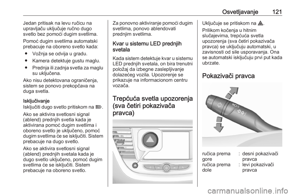 OPEL GRANDLAND X 2018.75  Uputstvo za upotrebu (in Serbian) Osvetljavanje121Jedan pritisak na levu ručicu na
upravljaču uključuje ručno dugo
svetlo bez pomoći dugim svetlima.
Pomoć dugim svetlima automatski
prebacuje na oboreno svetlo kada:
● Vožnja s