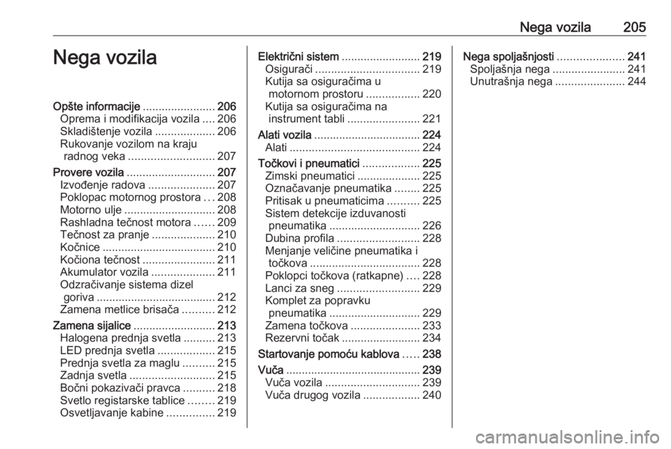 OPEL GRANDLAND X 2018.75  Uputstvo za upotrebu (in Serbian) Nega vozila205Nega vozilaOpšte informacije.......................206
Oprema i modifikacija vozila ....206
Skladištenje vozila ...................206
Rukovanje vozilom na kraju radnog veka ..........
