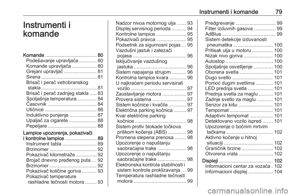 OPEL GRANDLAND X 2018.75  Uputstvo za upotrebu (in Serbian) Instrumenti i komande79Instrumenti i
komandeKomande ..................................... 80
Podešavanje upravljača ............80
Komande upravljača ..................80
Grejani upravljač .......