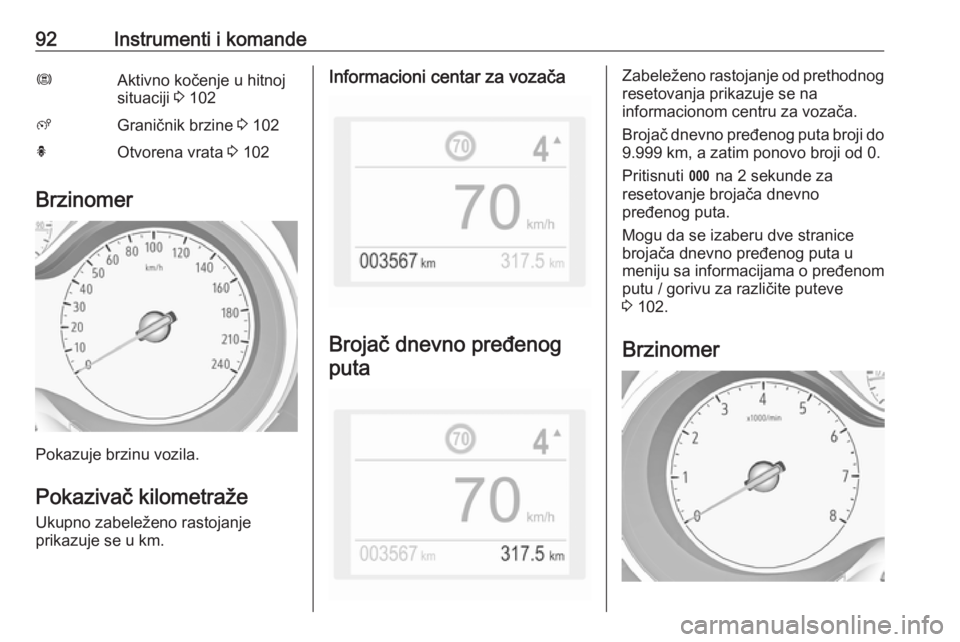 OPEL GRANDLAND X 2018.75  Uputstvo za upotrebu (in Serbian) 92Instrumenti i komandeØAktivno kočenje u hitnoj
situaciji  3 102ßGraničnik brzine  3 102hOtvorena vrata  3 102
Brzinomer
Pokazuje brzinu vozila.
Pokazivač kilometraže Ukupno zabeleženo rastoja