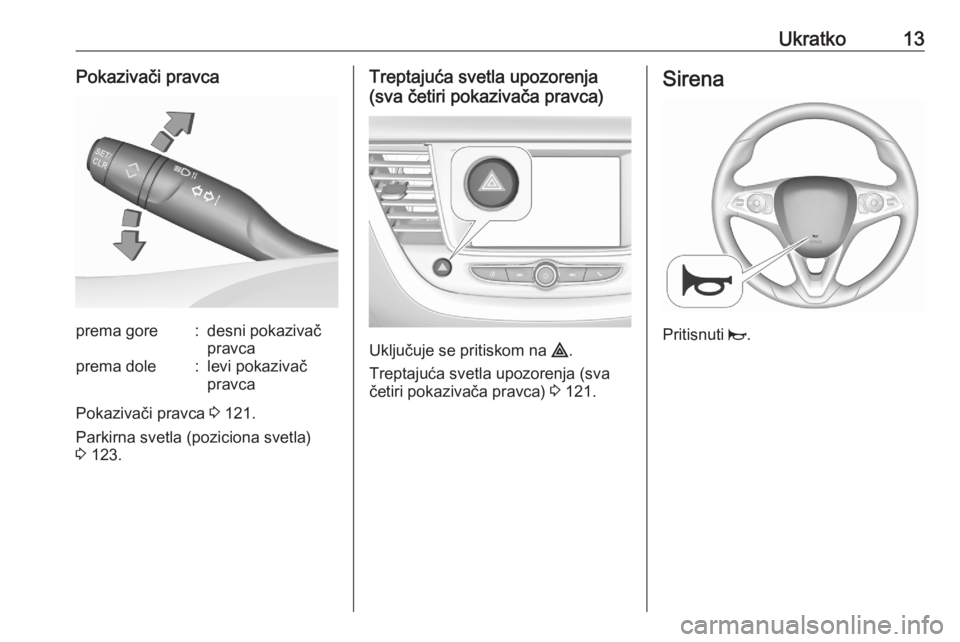 OPEL GRANDLAND X 2020  Uputstvo za upotrebu (in Serbian) Ukratko13Pokazivači pravcaprema gore:desni pokazivač
pravcaprema dole:levi pokazivač
pravca
Pokazivači pravca  3 121.
Parkirna svetla (poziciona svetla)
3  123.
Treptajuća svetla upozorenja
(sva 