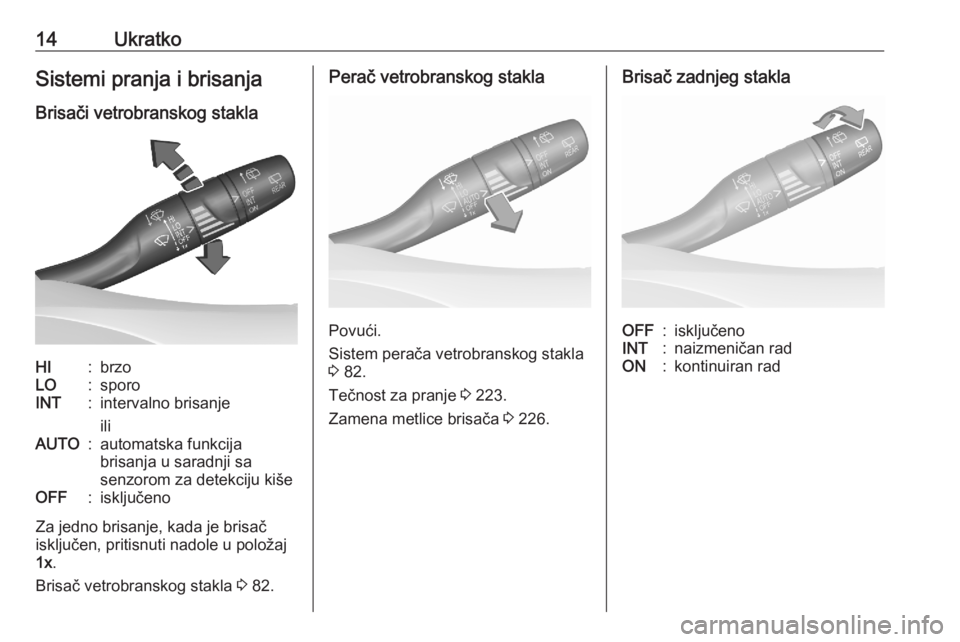 OPEL GRANDLAND X 2020  Uputstvo za upotrebu (in Serbian) 14UkratkoSistemi pranja i brisanja
Brisači vetrobranskog staklaHI:brzoLO:sporoINT:intervalno brisanje
iliAUTO:automatska funkcija
brisanja u saradnji sa
senzorom za detekciju kišeOFF:isključeno
Za 