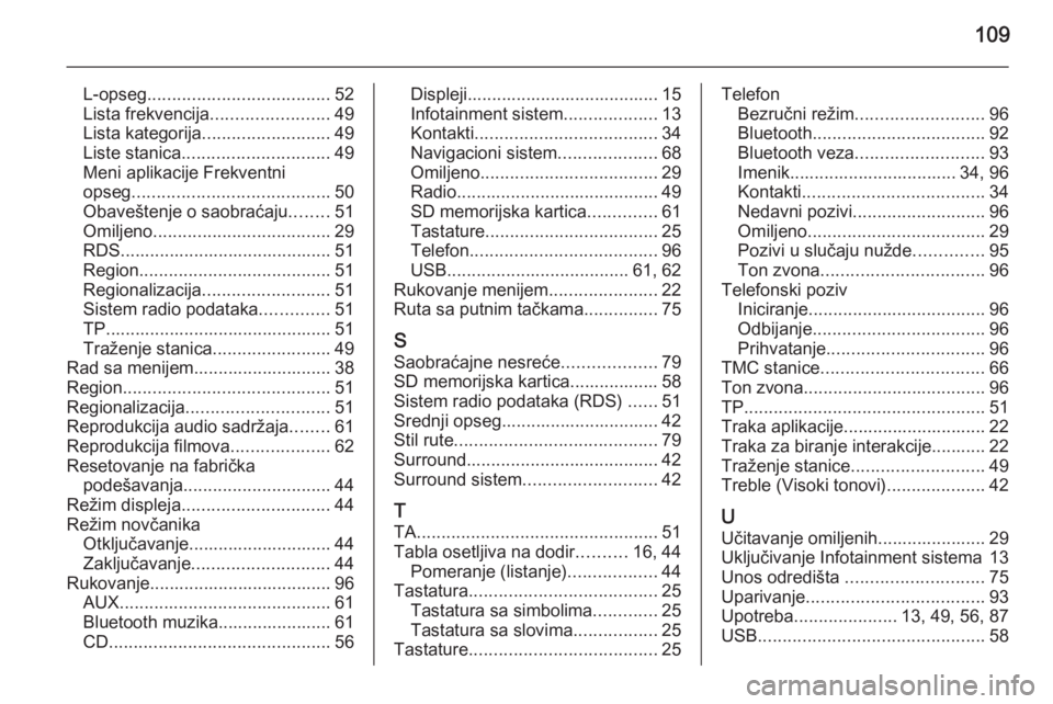 OPEL INSIGNIA 2014  Uputstvo za rukovanje Infotainment sistemom (in Serbian) 109
L-opseg..................................... 52
Lista frekvencija ........................49
Lista kategorija .......................... 49
Liste stanica .............................. 49
Meni apl