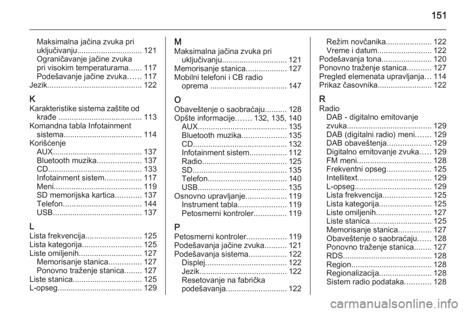 OPEL INSIGNIA 2014  Uputstvo za rukovanje Infotainment sistemom (in Serbian) 151
Maksimalna jačina zvuka pri
uključivanju.............................. 121
Ograničavanje jačine zvuka
pri visokim temperaturama ......117
Podešavanje jačine zvuka ......117
Jezik ...........