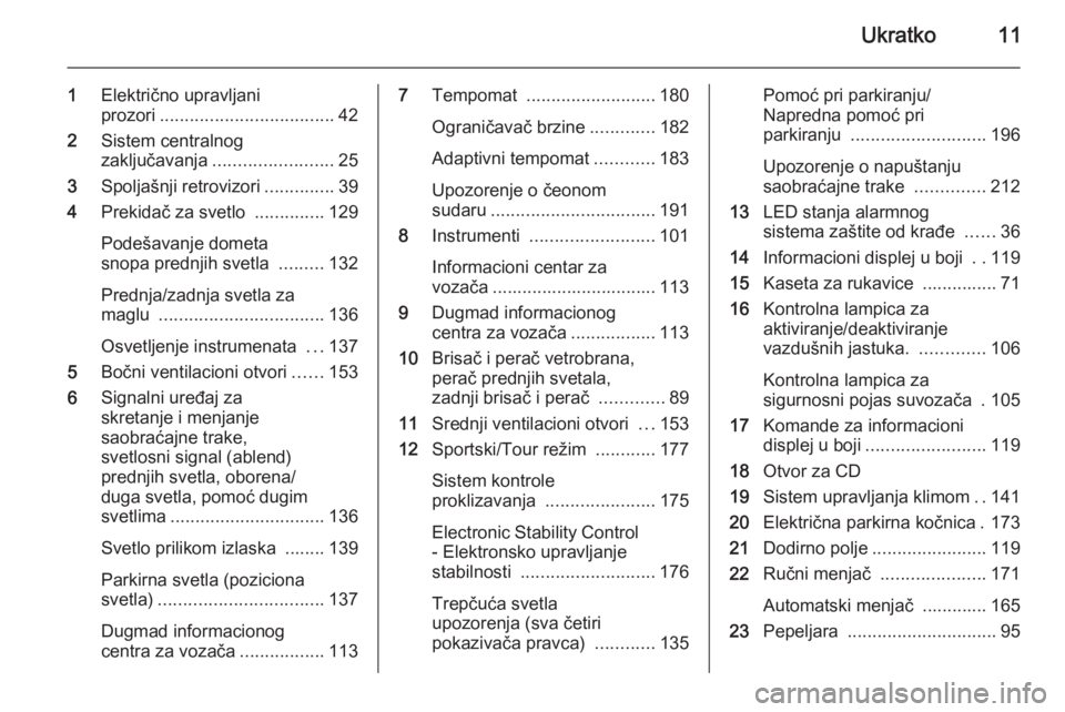 OPEL INSIGNIA 2014  Uputstvo za upotrebu (in Serbian) Ukratko11
1Električno upravljani
prozori ................................... 42
2 Sistem centralnog
zaključavanja ........................ 25
3 Spoljašnji retrovizori ..............39
4 Prekidač z
