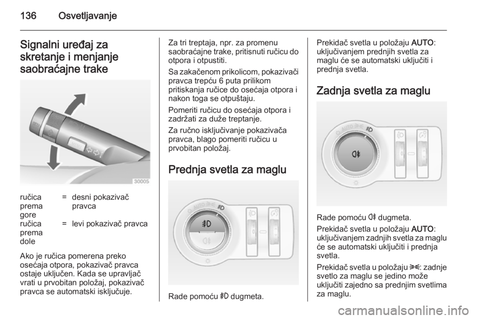 OPEL INSIGNIA 2014  Uputstvo za upotrebu (in Serbian) 136OsvetljavanjeSignalni uređaj za
skretanje i menjanje
saobraćajne trakeručica
prema
gore=desni pokazivač
pravcaručica
prema
dole=levi pokazivač pravca
Ako je ručica pomerena preko
osećaja ot