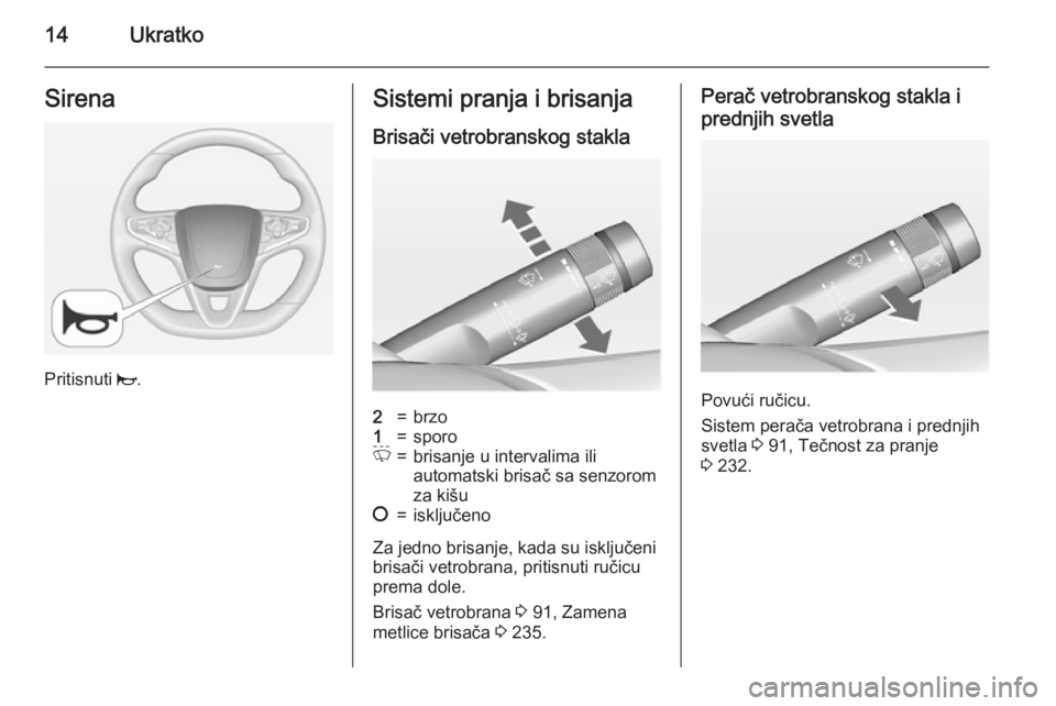 OPEL INSIGNIA 2015  Uputstvo za upotrebu (in Serbian) 14UkratkoSirena
Pritisnuti j.
Sistemi pranja i brisanja
Brisači vetrobranskog stakla2=brzo1=sporoP=brisanje u intervalima ili
automatski brisač sa senzorom
za kišu§=isključeno
Za jedno brisanje, 