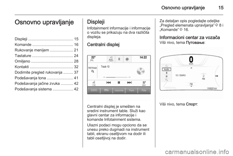 OPEL INSIGNIA 2015.5  Uputstvo za rukovanje Infotainment sistemom (in Serbian) Osnovno upravljanje15Osnovno upravljanjeDispleji......................................... 15
Komande ..................................... 16
Rukovanje menijem .....................21
Tastature ......