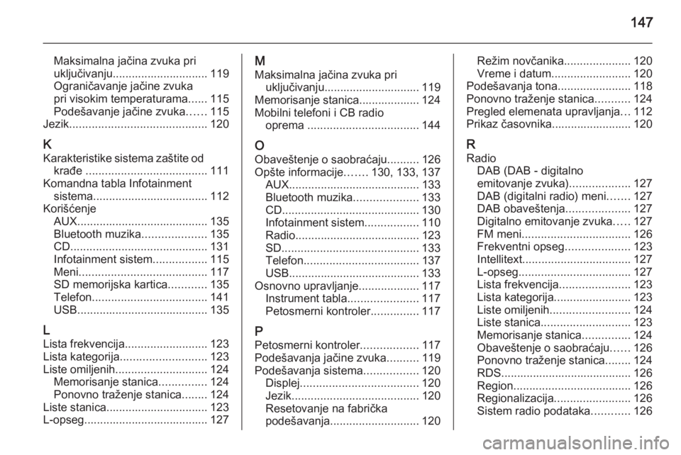 OPEL INSIGNIA 2015.5  Uputstvo za rukovanje Infotainment sistemom (in Serbian) 147
Maksimalna jačina zvuka pri
uključivanju.............................. 119
Ograničavanje jačine zvuka
pri visokim temperaturama ......115
Podešavanje jačine zvuka ......115
Jezik ...........