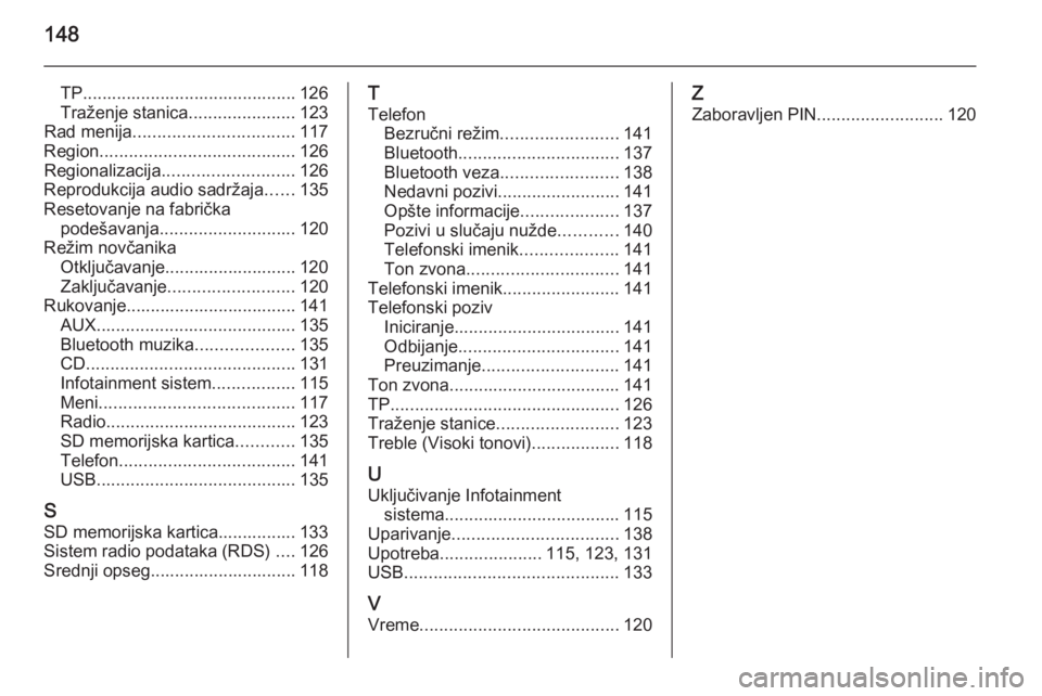 OPEL INSIGNIA 2015.5  Uputstvo za rukovanje Infotainment sistemom (in Serbian) 148
TP............................................ 126
Traženje stanica ......................123
Rad menija ................................. 117
Region ........................................ 126
