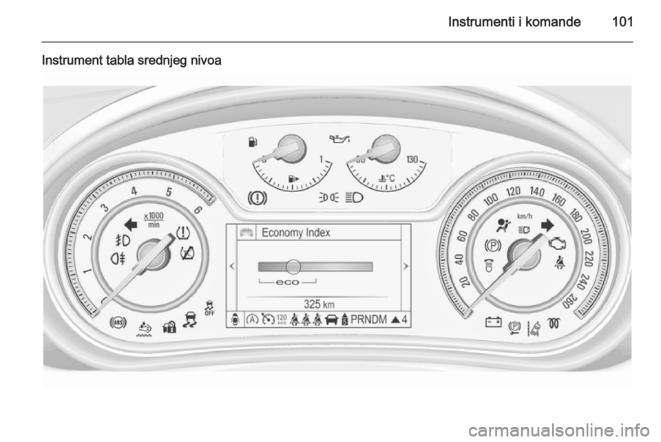 OPEL INSIGNIA 2015.5  Uputstvo za upotrebu (in Serbian) Instrumenti i komande101
Instrument tabla srednjeg nivoa 