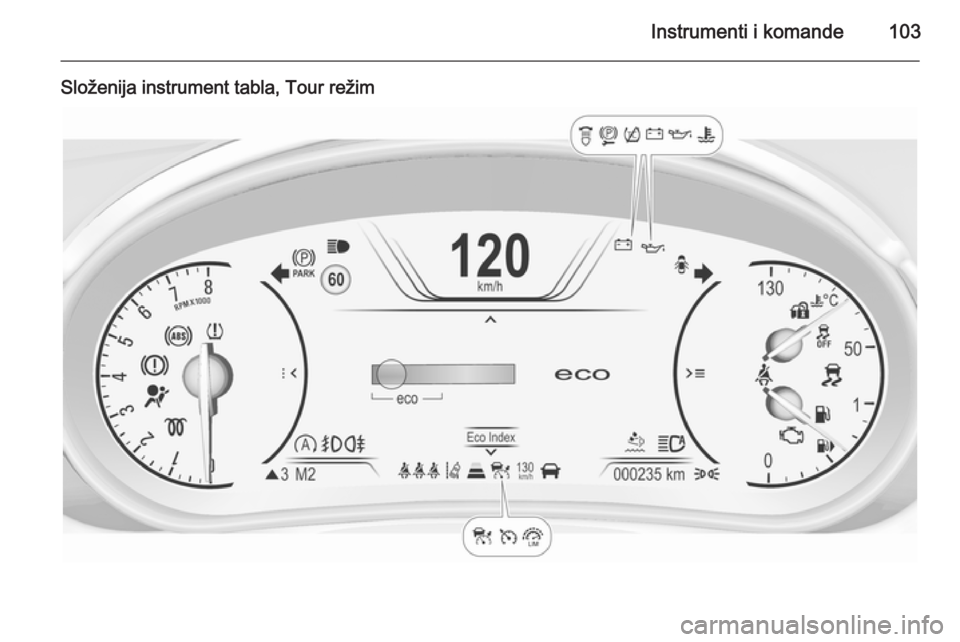 OPEL INSIGNIA 2015.5  Uputstvo za upotrebu (in Serbian) Instrumenti i komande103
Složenija instrument tabla, Tour režim 