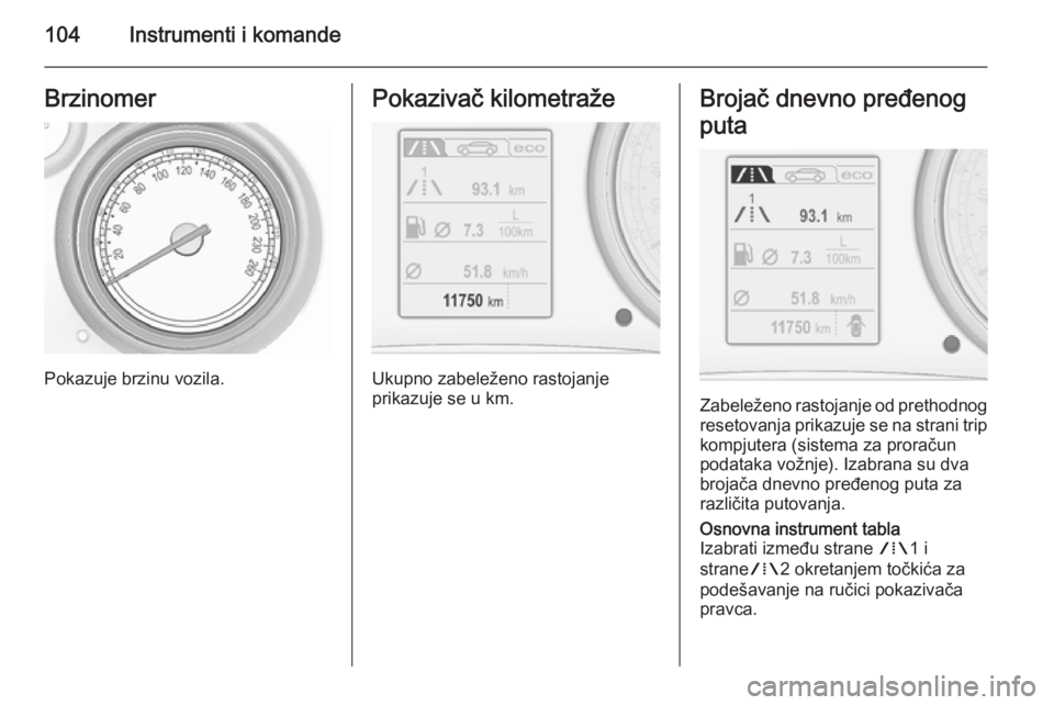 OPEL INSIGNIA 2015.5  Uputstvo za upotrebu (in Serbian) 104Instrumenti i komandeBrzinomer
Pokazuje brzinu vozila.
Pokazivač kilometraže
Ukupno zabeleženo rastojanje
prikazuje se u km.
Brojač dnevno pređenog
puta
Zabeleženo rastojanje od prethodnog re