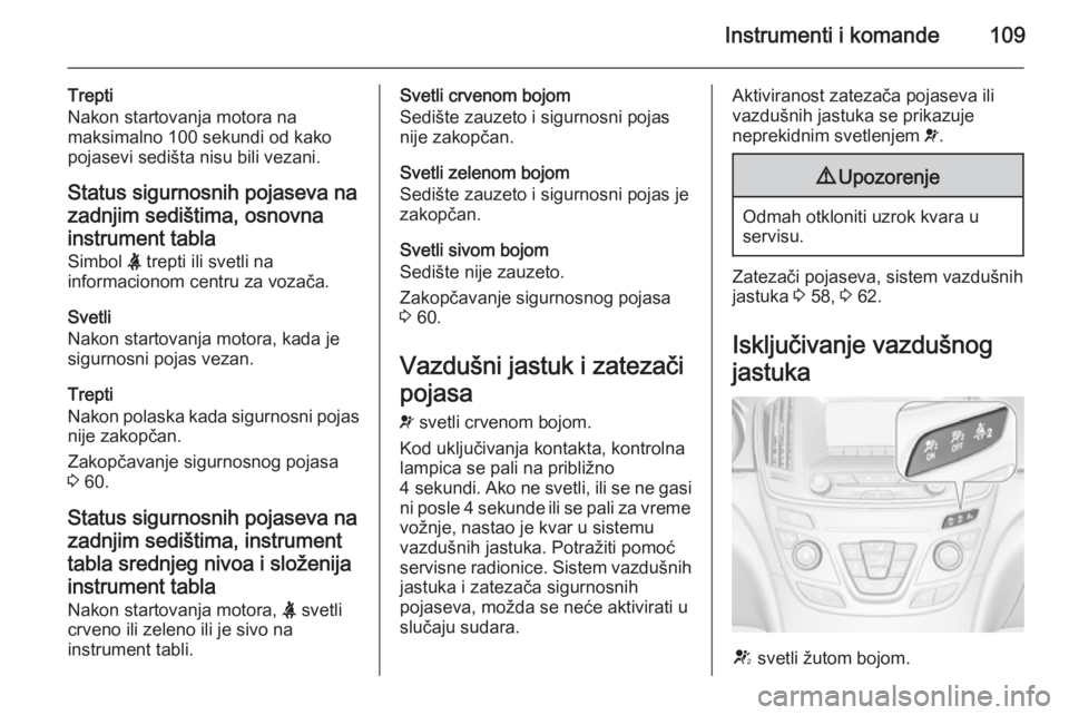OPEL INSIGNIA 2015.5  Uputstvo za upotrebu (in Serbian) Instrumenti i komande109
Trepti
Nakon startovanja motora na
maksimalno 100 sekundi od kako pojasevi sedišta nisu bili vezani.
Status sigurnosnih pojaseva nazadnjim sedištima, osnovna
instrument tabl
