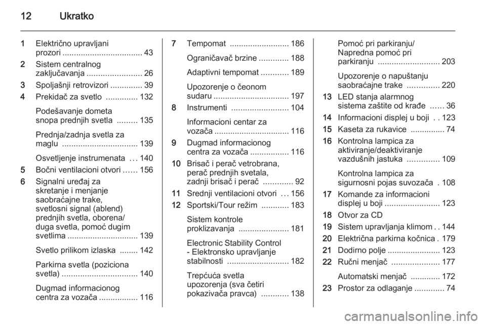 OPEL INSIGNIA 2015.5  Uputstvo za upotrebu (in Serbian) 12Ukratko
1Električno upravljani
prozori ................................... 43
2 Sistem centralnog
zaključavanja ........................ 26
3 Spoljašnji retrovizori ..............39
4 Prekidač z
