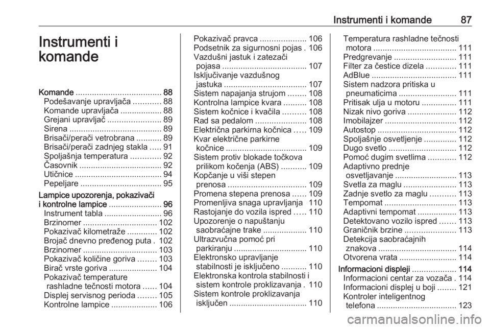 OPEL INSIGNIA 2016  Uputstvo za upotrebu (in Serbian) Instrumenti i komande87Instrumenti i
komandeKomande ..................................... 88
Podešavanje upravljača ............88
Komande upravljača ..................88
Grejani upravljač .......