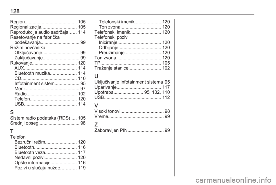 OPEL INSIGNIA 2016.5  Uputstvo za rukovanje Infotainment sistemom (in Serbian) 128Region........................................ 105
Regionalizacija ........................... 105
Reprodukcija audio sadržaja ......114
Resetovanje na fabrička podešavanja .....................