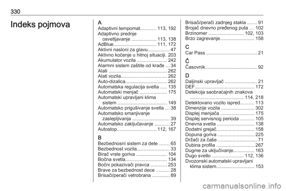 OPEL INSIGNIA 2016.5  Uputstvo za upotrebu (in Serbian) 330Indeks pojmovaAAdaptivni tempomat ............113, 192
Adaptivno prednje osvetljavanje  ..................113, 138
AdBlue ................................ 111, 172
Aktivni nasloni za glavu ........