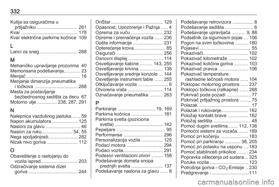 OPEL INSIGNIA 2016.5  Uputstvo za upotrebu (in Serbian) 332Kutija sa osiguračima uprtljažniku  ............................... 261
Kvar  ........................................... 178
Kvar električne parkirne kočnice 109
L Lanci za sneg  .............
