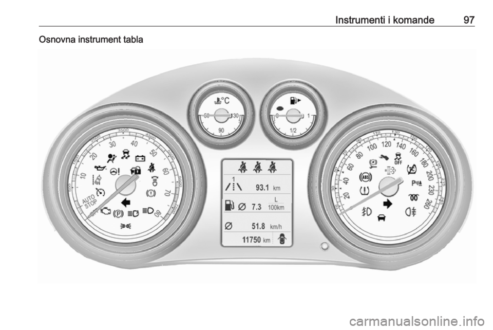 OPEL INSIGNIA 2016.5 Uputstvo za upotrebu (in Serbian) Instrumenti i komande97Osnovna instrument tabla OPEL INSIGNIA 2016.5 Uputstvo za upotrebu (in Serbian) Instrumenti i komande97Osnovna instrument tabla