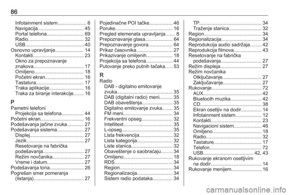 OPEL INSIGNIA 2017  Uputstvo za rukovanje Infotainment sistemom (in Serbian) 86Infotainment sistem.....................6
Navigacija.................................. 45
Portal telefona ........................... 69
Radio ......................................... 32
USB ......