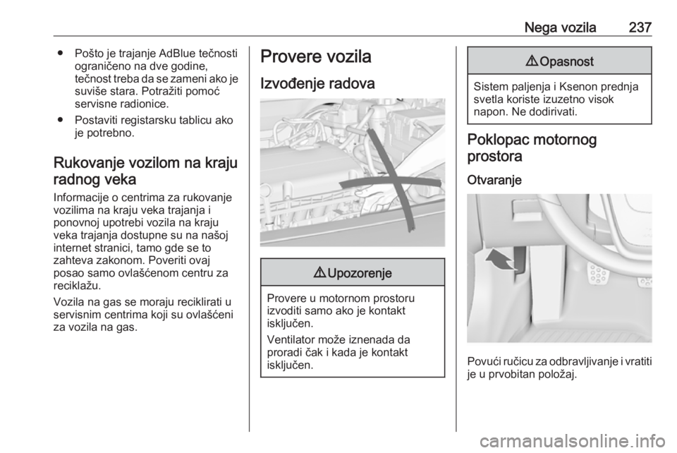 OPEL INSIGNIA 2017  Uputstvo za upotrebu (in Serbian) Nega vozila237● Pošto je trajanje AdBlue tečnostiograničeno na dve godine,
tečnost treba da se zameni ako je suviše stara. Potražiti pomoć
servisne radionice.
● Postaviti registarsku tablic
