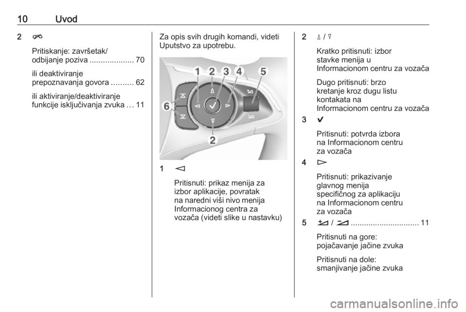 OPEL INSIGNIA BREAK 2017.75  Uputstvo za rukovanje Infotainment sistemom (in Serbian) 10Uvod2n
Pritiskanje: završetak/
odbijanje poziva ....................70
ili deaktiviranje
prepoznavanja govora ..........62
ili aktiviranje/deaktiviranje
funkcije isključivanja zvuka ...11Za opis s
