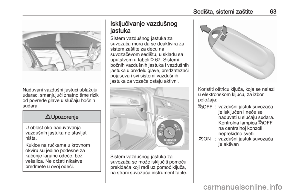 OPEL INSIGNIA BREAK 2017.75  Uputstvo za upotrebu (in Serbian) Sedišta, sistemi zaštite63
Naduvani vazdušni jastuci ublažuju
udarac, smanjujući znatno time rizik
od povrede glave u slučaju bočnih
sudara.
9 Upozorenje
U oblast oko naduvavanja
vazdušnih jas