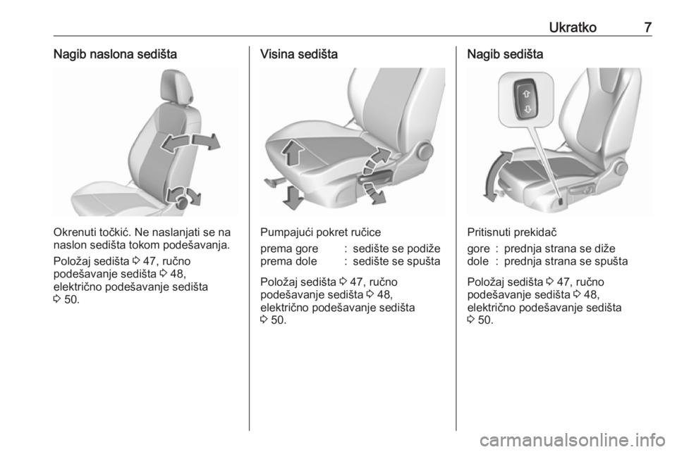 OPEL INSIGNIA BREAK 2017.75  Uputstvo za upotrebu (in Serbian) Ukratko7Nagib naslona sedišta
Okrenuti točkić. Ne naslanjati se na
naslon sedišta tokom podešavanja.
Položaj sedišta  3 47, ručno
podešavanje sedišta  3 48,
električno podešavanje sedišta