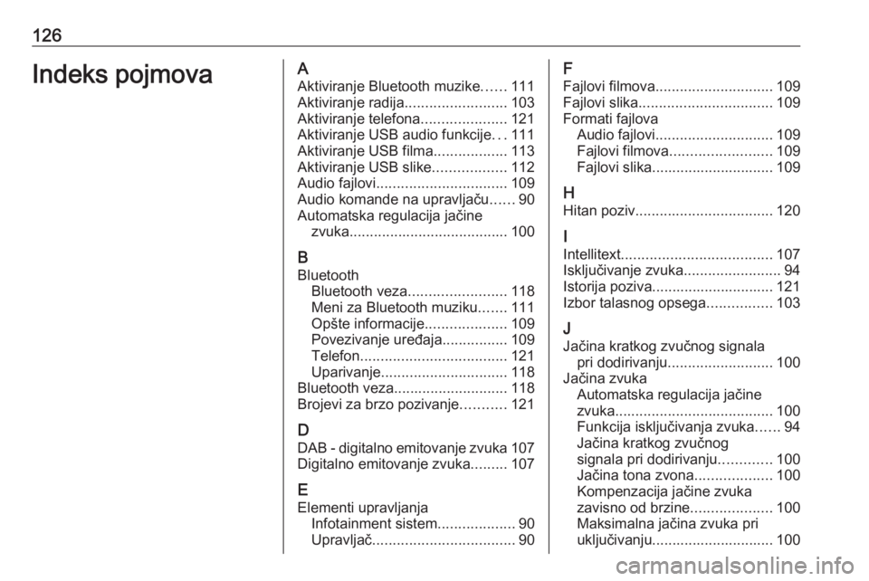 OPEL INSIGNIA BREAK 2018.5  Uputstvo za rukovanje Infotainment sistemom (in Serbian) 126Indeks pojmovaAAktiviranje Bluetooth muzike ......111
Aktiviranje radija ......................... 103
Aktiviranje telefona .....................121
Aktiviranje USB audio funkcije ...111
Aktiviranj