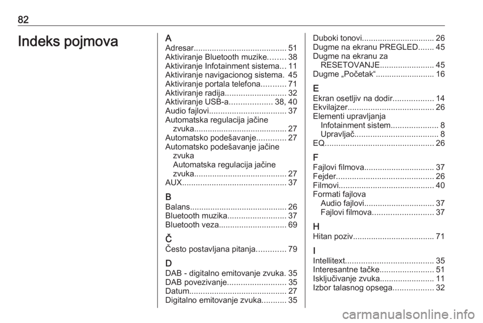 OPEL INSIGNIA BREAK 2018.5  Uputstvo za rukovanje Infotainment sistemom (in Serbian) 82Indeks pojmovaAAdresar ......................................... 51
Aktiviranje Bluetooth muzike ........38
Aktiviranje Infotainment sistema ...11
Aktiviranje navigacionog sistema. 45
Aktiviranje po