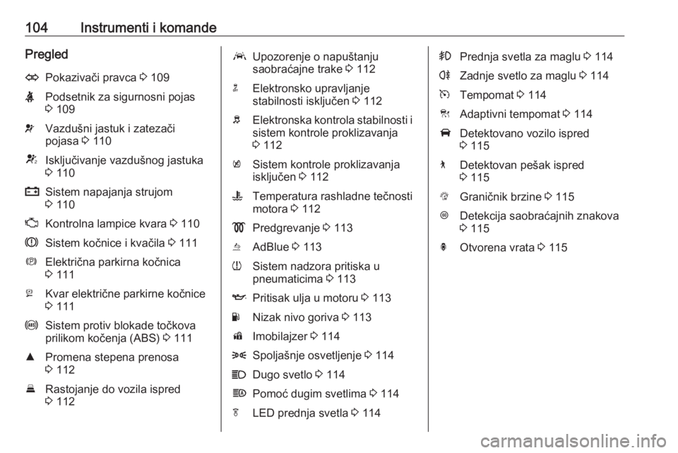 OPEL INSIGNIA BREAK 2019.5  Uputstvo za upotrebu (in Serbian) 104Instrumenti i komandePregledOPokazivači pravca 3 109XPodsetnik za sigurnosni pojas
3  109vVazdušni jastuk i zatezači
pojasa  3 110VIsključivanje vazdušnog jastuka
3  110pSistem napajanja struj