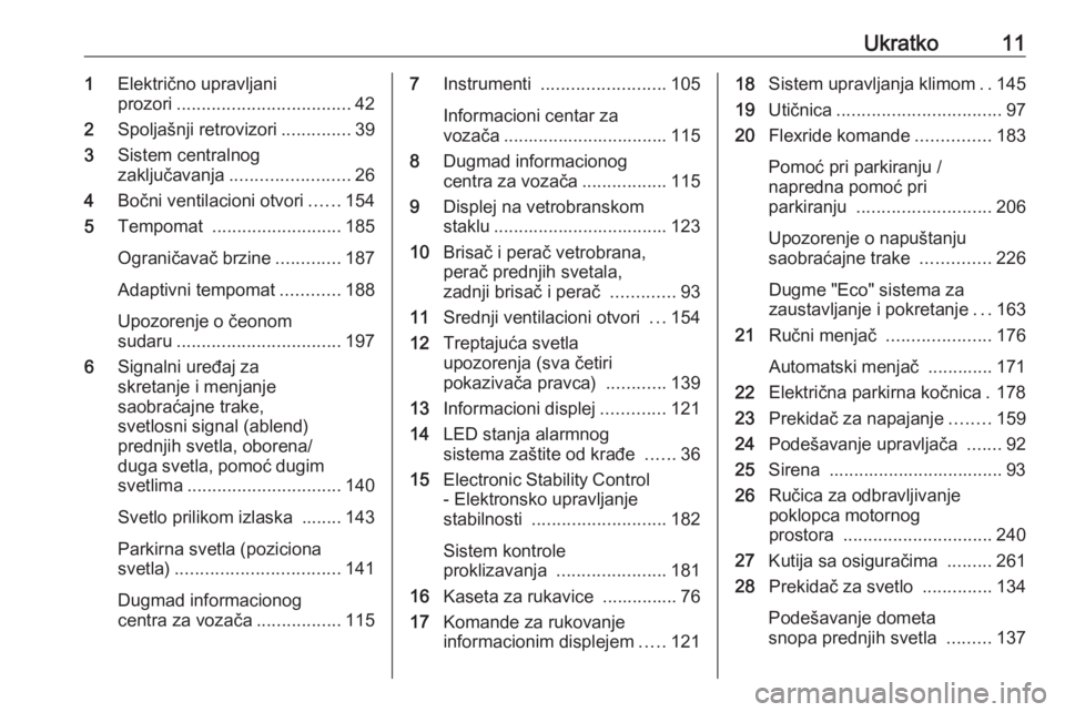 OPEL INSIGNIA BREAK 2020  Uputstvo za upotrebu (in Serbian) Ukratko111Električno upravljani
prozori ................................... 42
2 Spoljašnji retrovizori ..............39
3 Sistem centralnog
zaključavanja ........................ 26
4 Bočni venti
