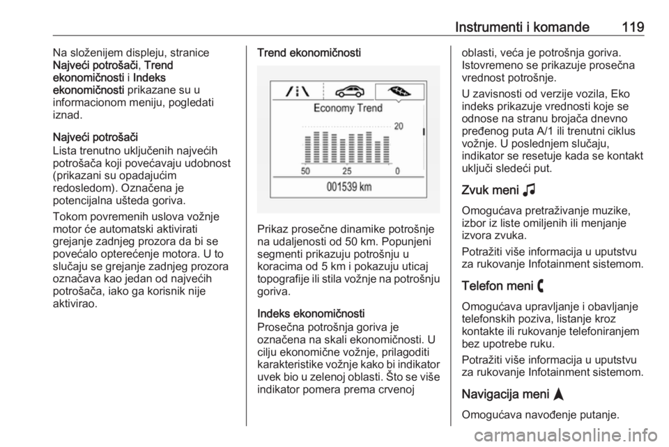 OPEL INSIGNIA BREAK 2020  Uputstvo za upotrebu (in Serbian) Instrumenti i komande119Na složenijem displeju, stranice
Najveći potrošači , Trend
ekonomičnosti  i Indeks
ekonomičnosti  prikazane su u
informacionom meniju, pogledati
iznad.
Najveći potroša�