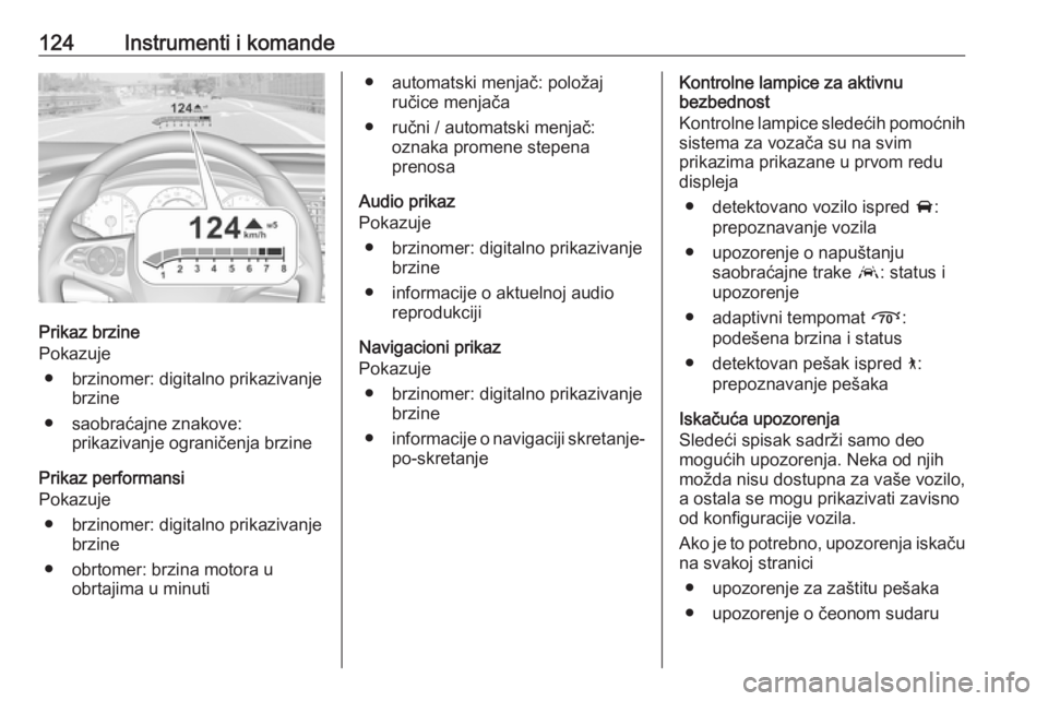 OPEL INSIGNIA BREAK 2020  Uputstvo za upotrebu (in Serbian) 124Instrumenti i komande
Prikaz brzine
Pokazuje
● brzinomer: digitalno prikazivanje brzine
● saobraćajne znakove: prikazivanje ograničenja brzine
Prikaz performansi
Pokazuje
● brzinomer: digit