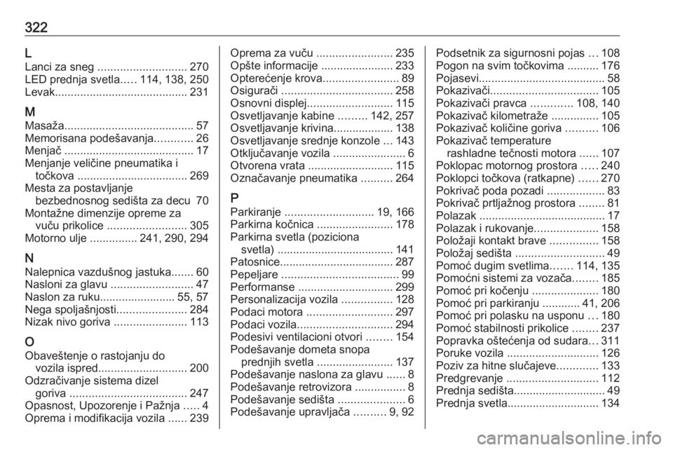 OPEL INSIGNIA BREAK 2020  Uputstvo za upotrebu (in Serbian) 322L
Lanci za sneg  ............................ 270
LED prednja svetla .....114, 138, 250
Levak .......................................... 231
M
Masaža ......................................... 57
M