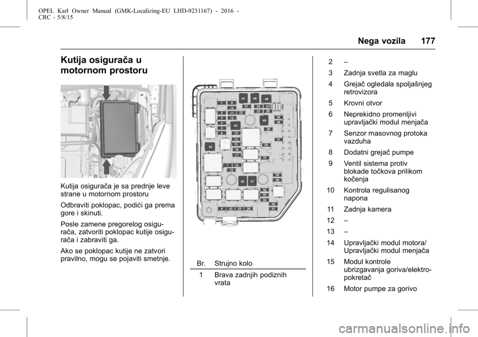 OPEL KARL 2015.75 Uputstvo za upotrebu (in Serbian) OPEL Karl Owner Manual (GMK-Localizing-EU LHD-9231167) - 2016 -
CRC - 5/8/15
Nega vozila 177
Kutija osigurača u
motornom prostoru
Kutija osigurača je sa prednje leve
strane u motornom prostoru
Odbra OPEL KARL 2015.75 Uputstvo za upotrebu (in Serbian) OPEL Karl Owner Manual (GMK-Localizing-EU LHD-9231167) - 2016 -
CRC - 5/8/15
Nega vozila 177
Kutija osigurača u
motornom prostoru
Kutija osigurača je sa prednje leve
strane u motornom prostoru
Odbra