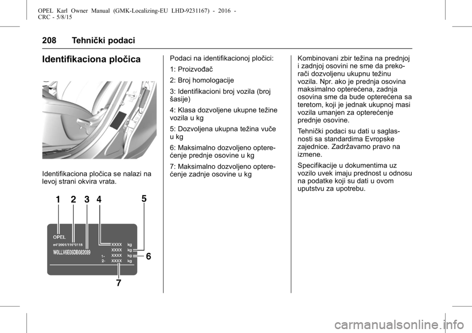 OPEL KARL 2015.75 Uputstvo za upotrebu (in Serbian) OPEL Karl Owner Manual (GMK-Localizing-EU LHD-9231167) - 2016 -
CRC - 5/8/15
208 Tehnički podaci
Identifikaciona pločica
Identifikaciona pločica se nalazi na
levoj strani okvira vrata.
Podaci na id OPEL KARL 2015.75 Uputstvo za upotrebu (in Serbian) OPEL Karl Owner Manual (GMK-Localizing-EU LHD-9231167) - 2016 -
CRC - 5/8/15
208 Tehnički podaci
Identifikaciona pločica
Identifikaciona pločica se nalazi na
levoj strani okvira vrata.
Podaci na id