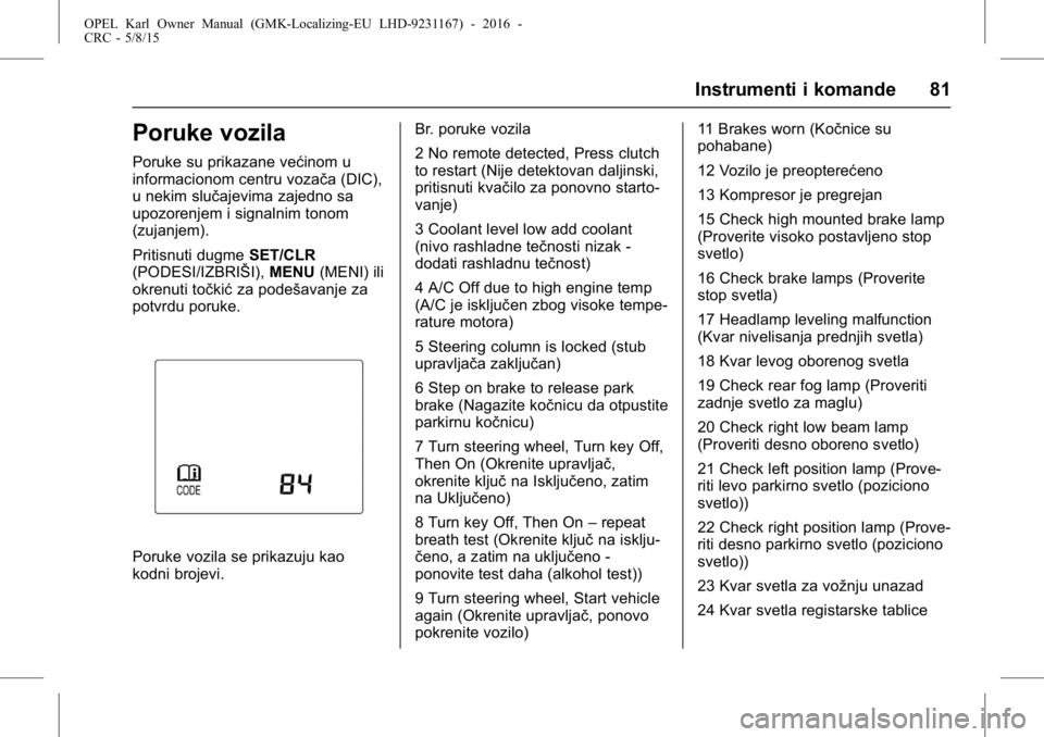 OPEL KARL 2015.75 Uputstvo za upotrebu (in Serbian) OPEL Karl Owner Manual (GMK-Localizing-EU LHD-9231167) - 2016 -
CRC - 5/8/15
Instrumenti i komande 81
Poruke vozila
Poruke su prikazane većinom u
informacionom centru vozača (DIC),
u nekim slučajev OPEL KARL 2015.75 Uputstvo za upotrebu (in Serbian) OPEL Karl Owner Manual (GMK-Localizing-EU LHD-9231167) - 2016 -
CRC - 5/8/15
Instrumenti i komande 81
Poruke vozila
Poruke su prikazane većinom u
informacionom centru vozača (DIC),
u nekim slučajev
