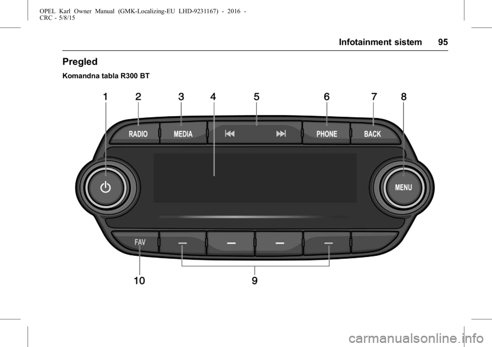 OPEL KARL 2015.75 Uputstvo za upotrebu (in Serbian) OPEL Karl Owner Manual (GMK-Localizing-EU LHD-9231167) - 2016 -
CRC - 5/8/15
Infotainment sistem 95
Pregled
Komandna tabla R300 BT OPEL KARL 2015.75 Uputstvo za upotrebu (in Serbian) OPEL Karl Owner Manual (GMK-Localizing-EU LHD-9231167) - 2016 -
CRC - 5/8/15
Infotainment sistem 95
Pregled
Komandna tabla R300 BT