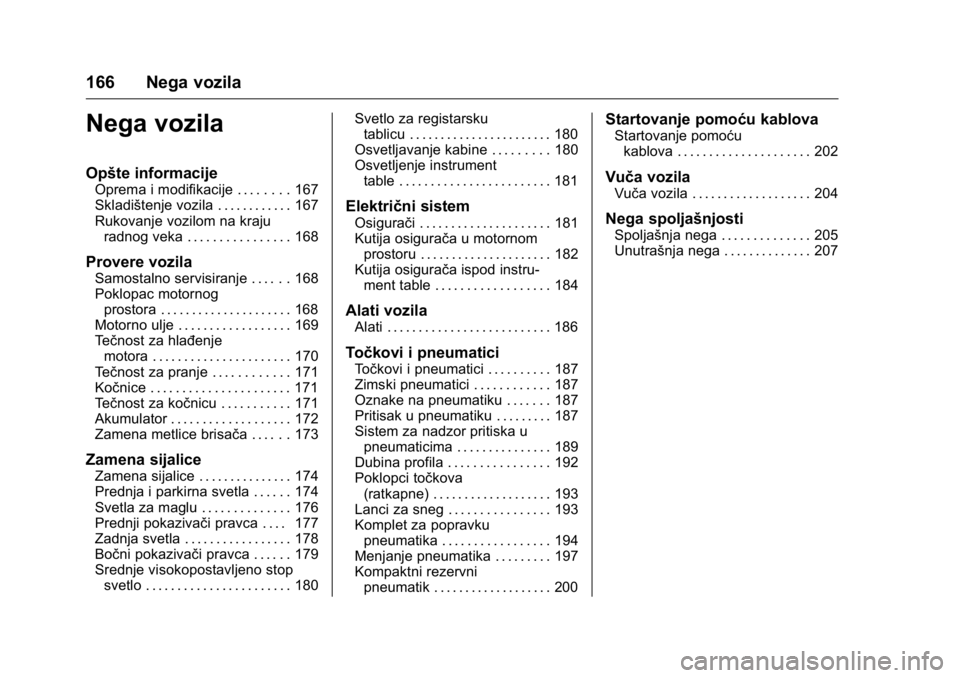 OPEL KARL 2016  Uputstvo za upotrebu (in Serbian) OPEL Karl Owner Manual (GMK-Localizing-EU LHD-9231167) - 2016 -
CRC - 9/9/15
166 Nega vozila
Nega vozila
Opšte informacije
Oprema i modifikacije . . . . . . . . 167
Skladištenje vozila . . . . . . .