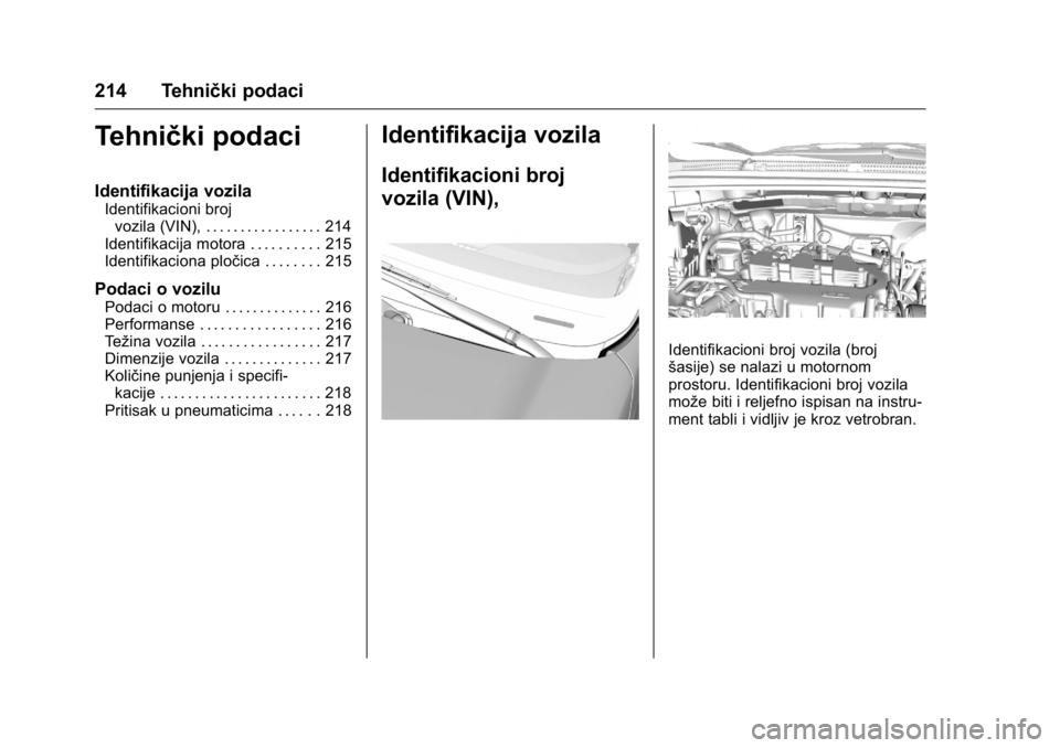 OPEL KARL 2016  Uputstvo za upotrebu (in Serbian) OPEL Karl Owner Manual (GMK-Localizing-EU LHD-9231167) - 2016 -
CRC - 9/9/15
214 Tehnički podaci
Tehnički podaci
Identifikacija vozila
Identifikacioni brojvozila (VIN), . . . . . . . . . . . . . . .