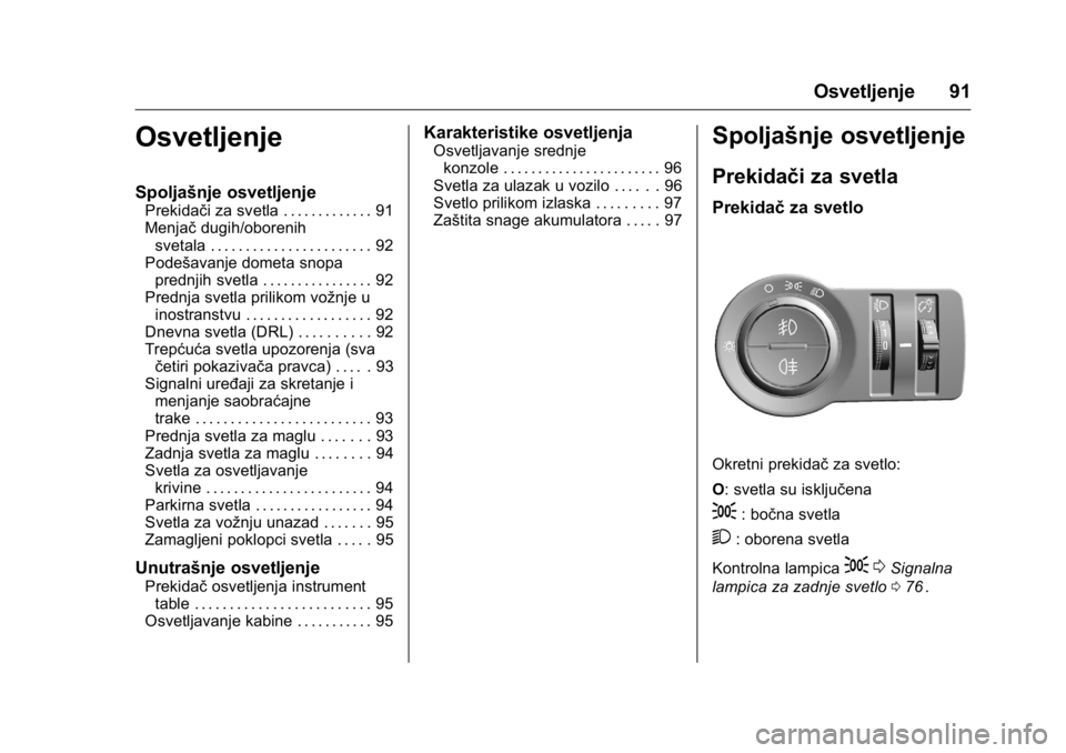 OPEL KARL 2016  Uputstvo za upotrebu (in Serbian) OPEL Karl Owner Manual (GMK-Localizing-EU LHD-9231167) - 2016 -
CRC - 9/9/15
Osvetljenje 91
Osvetljenje
Spoljašnje osvetljenje
Prekidači za svetla . . . . . . . . . . . . . 91
Menjačdugih/oborenih
